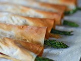 Cinnamon-chill onion, asparagus, cashew and cheddar filo rolls