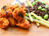 Ginger beer, lime, soy and chilli marinated and glazed vegetarian chicken with a puy lentil, yellow bean and soya bean salad