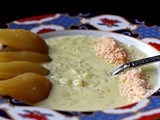 Indian spiced, coconut rice pudding and aromatic poached pears