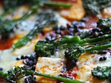 Saffron polenta, chipotle & tomato, black bean and Tenderstem bake