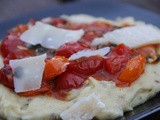 Smoked Aubergine polenta with sweet and spicy tomatoes on top