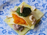 Vegetarian Christmas recipe – open ravioli filled with a layer of mushroom masala, another layer of saffron and chilli spiced butternut squash and topped with coriander and parsley pesto