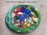 Beach - project made with paper plate, sea shells, paint, colored sand and clay