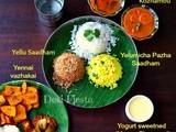  y - Brahim style Rice Platter (Yelumicham pazham sadham , Yellu saadham, Yeeruvalli Kozhambu, Yelumicham pazham Rasam, Yenna Vazhakai, Yelumicham Pazha Urugai, Yogurt sweetened (Mango flavor))