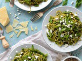 Spaghetti With Lemony Rocket & Walnut Pesto, Asparagus, Peas & Goat’s Cheese