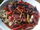 Steamed Pork Belly with Chinese Sausage, Ginger, Fermented Black Beans, Red Chillies and Shaoxing Wine