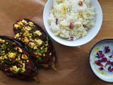 Persian Baked Aubergine with Feta, Pistachio & Saffron Basmati, Cucumber Mint & Rose Yoghurt