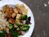 Sesame garlic tofu + rice bowl with pickled ginger