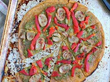 Socca Flatbread with Pesto, Chicken Sausage and Roasted Peppers