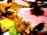 Herb Crusted Lamb with Minted Pea Pureé Roasted Parmesan Swede and a Sticky Red Wine Jus