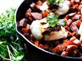 Harissa sweet potato hash w/ Merguez Sausage and Eggs