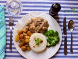 Lemon Chicken Cooked in Creamy Mushroom Sauce Served with Steamed Broccoli, roasted new Potatoes and Rice