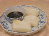 Grilled Mochi with Black Sesame Caramel Sauce