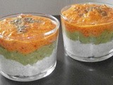 3 flavours verrine: bell pepper cream, feta cheese and guacamole