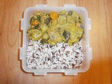 Basmati rice, vegetable curry (carrot, courgette, aubergine, leek) and cashew