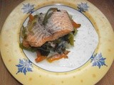 Salmon, bell pepper and leeks, and mascarpone cream