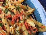 Pasta with Smoked Salmon, kale and mushrooms