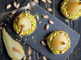 White Wine Poached Pears with Vanilla-Pistachio Blondie