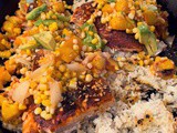 Charred Salmon with Peach Avocado Salsa and Crispy Rice