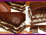 Chocolate loaf cake stuffed with cannoli filling & covered in the most delicious chocolate frosting