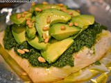 Halibut with pesto, avocado & pignoli nuts