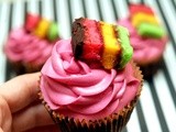 Rainbow cookies meet raspberry frosted brownie cupcakes
