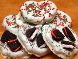 White chocolate dipped pretzels topped with candy cane oreos
