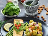 Krompir salata sa pestom od mladog spanaća + losos sa šparglama