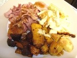 Celery gratin with pot-roast bacon and roasted vegetables