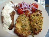 Crunchy Baked Pork, Baked Sweet Potato and Tomato Salad