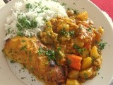 Curry baked chicken with vegetable curry & green pea rice