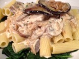 Creamy chicken pasta with spinach and aubergine