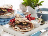 Barbecued lamb flatbread burgers with cucumber-yoghurt sauce recipe