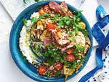 Cumin-spiced lamb with eggplant and freekeh salad