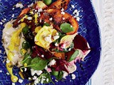 Hummus, pumpkin, beetroot and seeds with turmeric dressing recipe