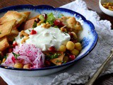 Lebanese Fattah: Chickpeas, pita chips, and labneh with garnishes recipe