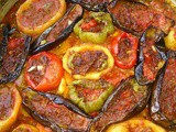 Potato and eggplant tray with meat