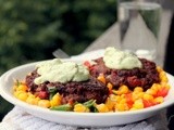 Black Bean Patties with Corn Relish and Avocado Cream