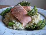 Poached salmon with green asparagus risotto