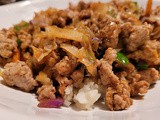Pork and cabbage over cauliflower rice