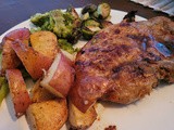 Pork chops with broccoli, brussels, red poatoes