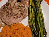 Pork chops with mashed sweet potato and asparagus