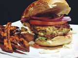 Greek Style Chicken Burgers with Fresh Slaw and Sweet Potato Fries
