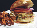 Greek Style Chicken Burgers with Fresh Slaw and Sweet Potato Fries