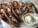 Pesto Potato Skins with Saucy Mama Garlic Mustard and Bacon