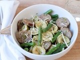 Orecchiette pasta with pesto, sausage and green beans