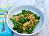 Pasta with walnut pesto, sausage, and broccolini