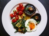 Flying saucer eggs with grilled vine tomatoes, mushrooms and red chard