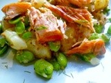 Hot-smoked salmon salad with mustardy crushed new potatoes and summer green vegetables