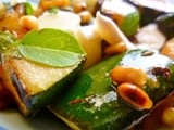Sweet and sour marinated roasted courgettes with goats’ cheese, basil and toasted pine nuts